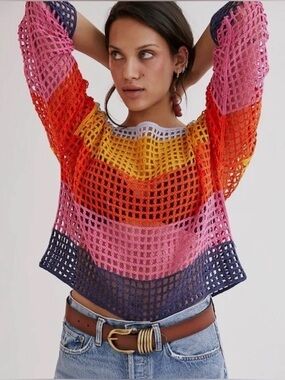 NWT Maeve by Anthropologie Multicolor Stripe Crochet Knit Top